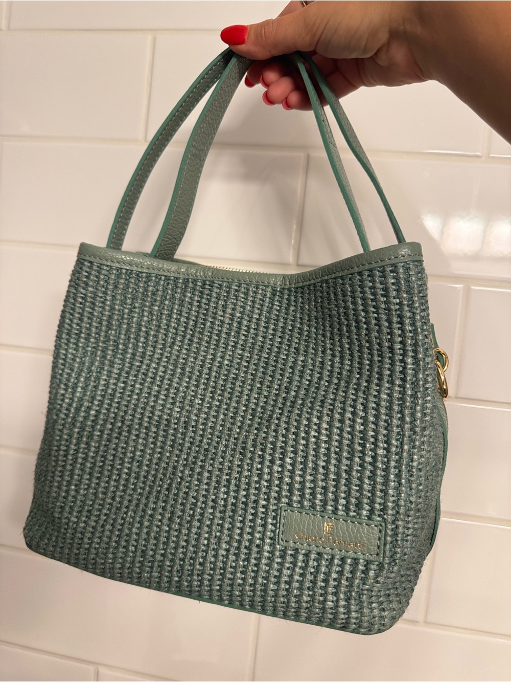 Chiara Ferretti Sage Green Woven Tote Shoulder Handbag - Stylish Everyday Bag